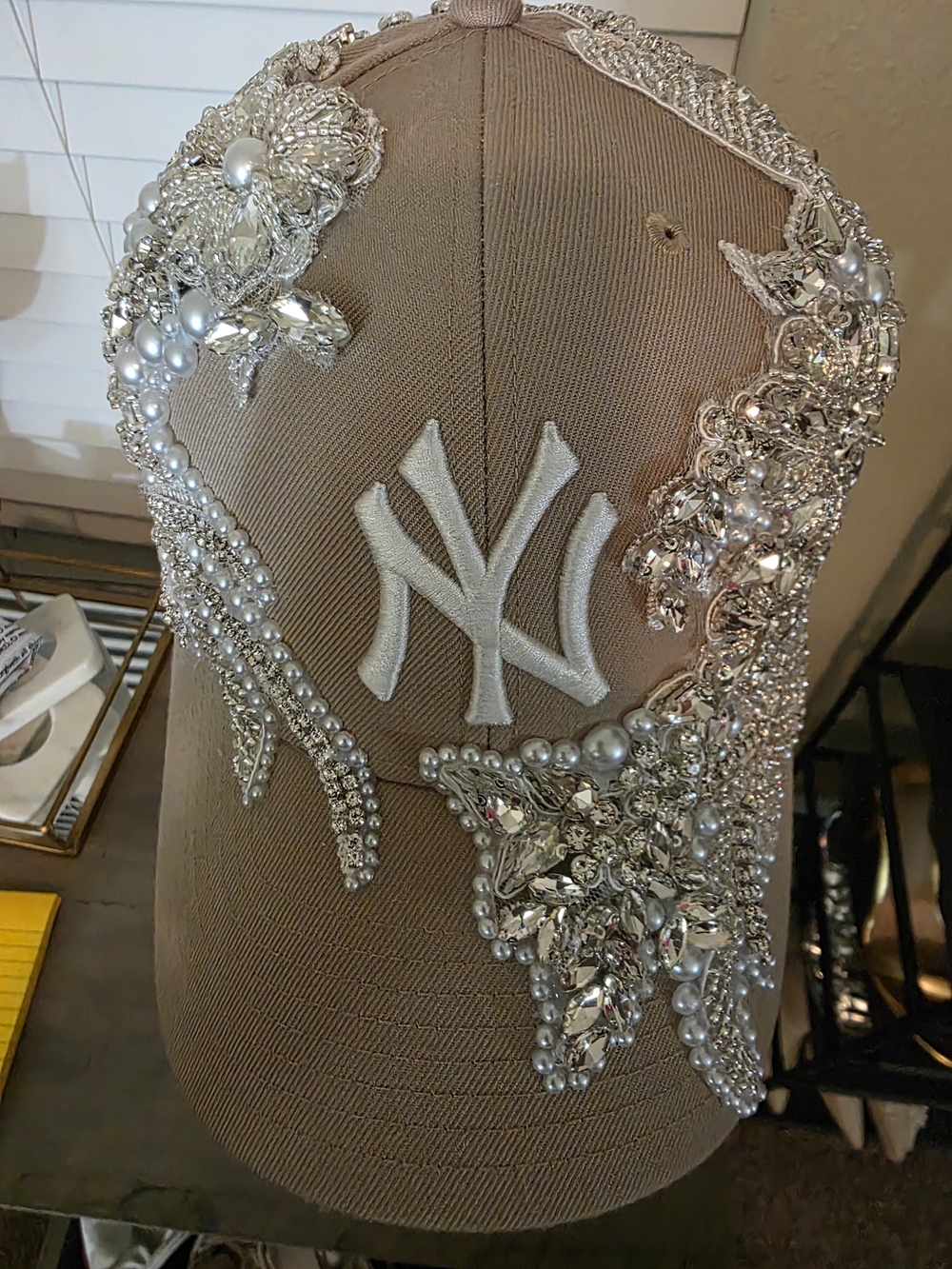 Embellished NY Baseball Cap in Taupe with Pearls & Crystals